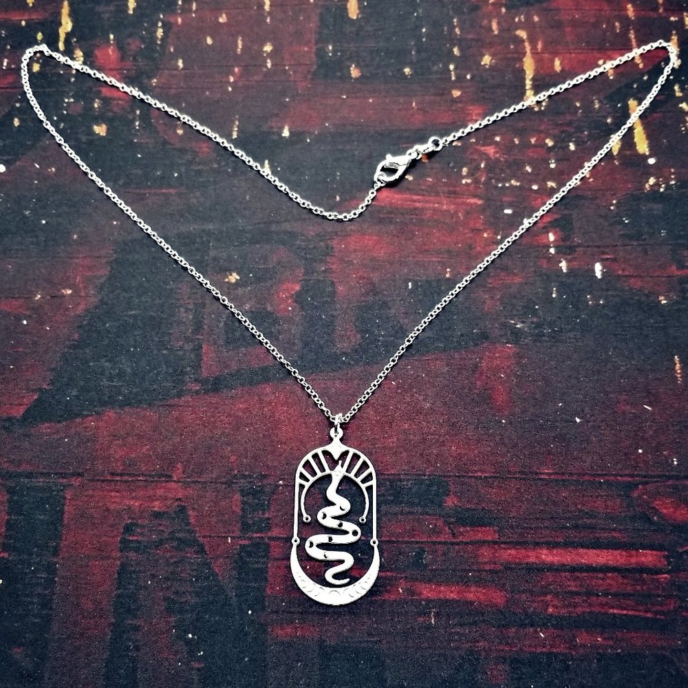 Art Deco Lunar Serpent Silver Necklace - Picture 2 of 3